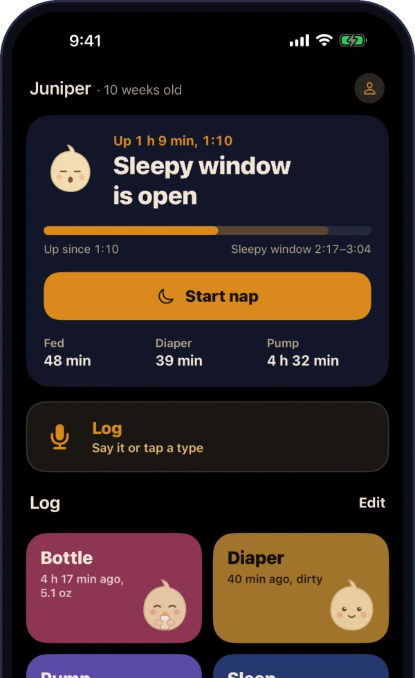 The Now screen: Juniper, 10 weeks old, with the sleepy window open, a Start nap button, and times since the last feed, diaper and pump.